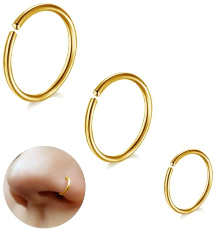 ESHIONER G23 Titan Nasenpiercing Nasenring Hoop Set Knorpel Ringe Dünn Klein Septum Helix Ringe Hypoallergen 20G 6MM/8MM/10MM Gold 3PCS Knorpel Ohrring Nase piercing Schmuck Damen