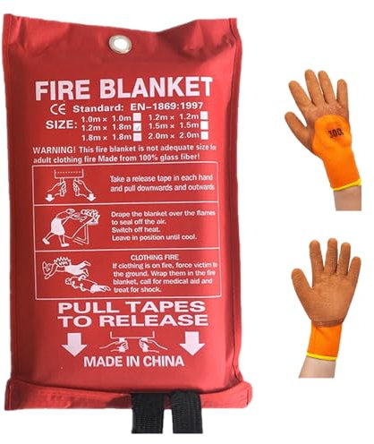 Emergency Fire Blanket,Fiberglass Fire Blanket 1.8m x 1.2m for Kitchen Home,Commercial Use,With gloves,Hooks Fire Blankets British Standard Large Fire Blanket for Kitchen Fireproof Safety Blanket