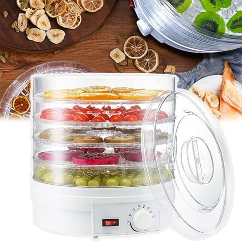 Máquina secadora por congelación, deshidratador de alimentos de 5 niveles, ajuste de temperatura: 35-70 ℃ + 7 niveles de ajuste, aire caliente de 360 ° + 5 h Solo requiere 1kwh, para carne seca, fru