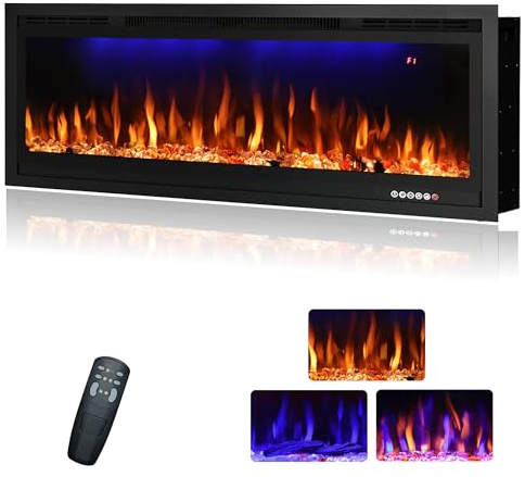RODALFLAME 42/106.7cm elektrischer Kamineinsatz, wandmontierter & eingelassener linearer Heizkamin mit Thermostat, Flamme & Oberlicht, Timer