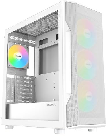 SAMA S40 Mid Tower PC-fodral – högt luftflödesnät frontpanel, sidopanel i härdat glas, 4 x 120 mm ARGB PWM-fläktar förinstallerade, stöder ATX/M-ATX/ITX moderkort och RTX 4090 GPU, vitt datorfodral