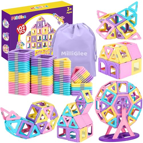 MilliGlee Bloques Magneticos Construccion Niños - 102 Piezas Magneticas Niños Construcciones Magneticas Niño con Bolsa de Almacenamiento Juego Imanes Niño Juguetes para Niñas Niño 3 4 5 6 7 8 Años