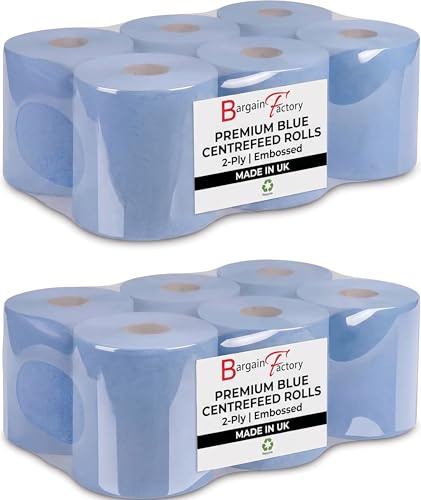 Bargain Factory 12 x Blue Centrefeed Rolls Premium Quality 2 Ply Embossed Paper Towels Hand Towel Rolls, Pack of 12 Tissue Rolls Strong & Absorbent Perfect for Commercial & Kitchen Use Cleaning Toilet