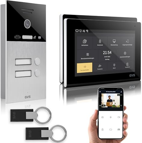 GVS Video Türsprechanlage 2-Familienhaus - RFID, 2x7 Zoll Monitor | Smarte Video Türklingel mit Kamera und Monitor & App - Gegensprechanlage mit Türöffner & RFID (AVS4088U)