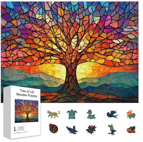 GLOBLELAND 300 Pezzi Albero della vita in vetro colorato Puzzle in Legno per Adulti Puzzle in legno per Halloween Natale Compleanni Anniversari