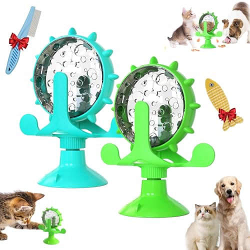 Lallys Moulin à vent rotatif à 360° avec ventouse pour petits animaux de compagnie, distributeur de friandises interactif multi-couches pour chats (bleu + vert)