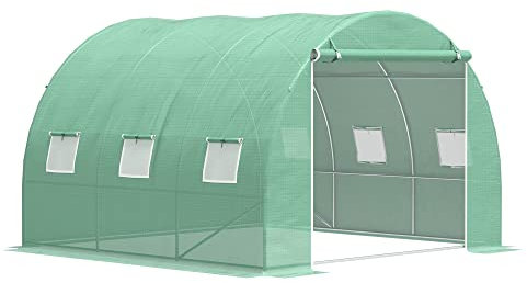 Outsunny Serre de Jardin 9 m², Serre Tunnel de Jardin 3 x 3 x 2 m avec Porte Enroulable et 6 fenêtres en Maille, Serre en Acier et PE Haute densité, résistante aux UV, Vert