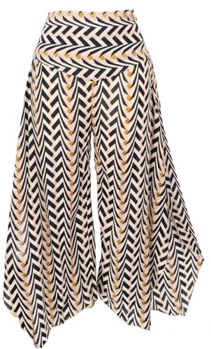 GURU SHOP Palazzohose, Weite Bedruckte Boho Sommerhose, Weiter Hosenrock - Beige/schwarz, Damen, Size:S
