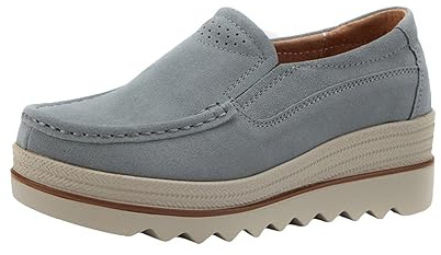 Läderskor dam, platå, fritidsskor, dam, läder, promenadskor med kilklack, damskor, mocka, pumps med tjock sula, komfortskor, slip-on, ortopediska skor, halkfria halvskor, GRÅ, 39 EU