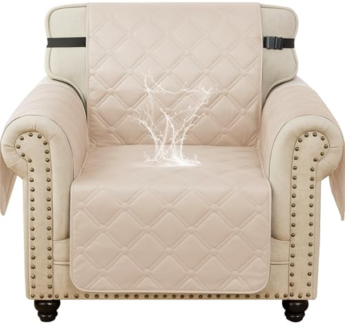 Ystyle Wasserdicht Sesselhusse 1 Sitzer, Gesteppte Sofa Überzug Mit Seitentaschen, Wohnzimmer Antirutsch Waschbar Sofaschoner, Couch Überzug Kratzfest Für Haustiere Hunde Katzen, Beige