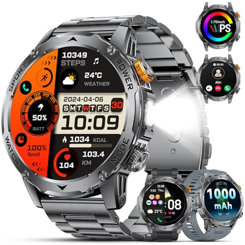 ESFOE Reloj Inteligente Hombre Militar 1000mAh/LED Linterna/5ATM Impermeable/3 Correas/1.75 HD Smartwatch Hombre con Llamadas,120+ Modos Deportivos Pulsómetro Podómetro Pulsera Actividad Android iOS