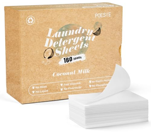 Poesie Laundry Detergent Sheets Coconut Milk Scent 160 Count | Lightweight Mess-Free Dosing Clothes Cleaning Sheets, Concentrated Soap Sheets for Cold Water & Quick Wash Cycles