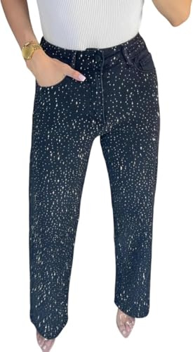DSXH Jeans Dritti con Dettagli Strass, Jeans da Donna con Strass, Vita Alta, Jeans Elasticizzati con Decorazione Strass, （Nero, XL）