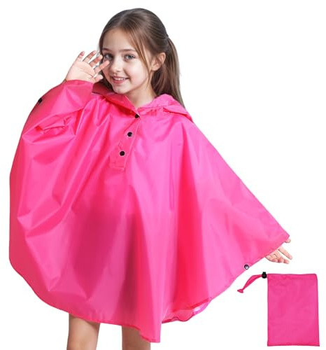 Baogaier Poncho Impermeable Niño Niñas Ligero y Resistente Unisex Chubasqueros Capa Chaquetas de Lluvia Abrigos con Capucha Infantiles Exteriores Impermeables Ropa para 11-14 años, Rojo rosa