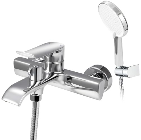 VANCOCO Badewannenarmatur mit Wasserfall-Auslauf & 3-Strahlarten Handbrause Set, Wassersparende Aufputz-Armatur aus Messing (24h Salzsprühnebelprüfung) inkl. Wandhalterung, Chrom