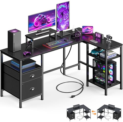 Furologee 50 Inch L Shaped Gaming Desk with Power Outlet and Drawers, Black