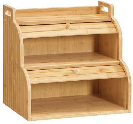 HOOBRO Bread Box, Bamboo Bread Box for Kitchen Countertop, 2-Tier Roll-Top Bread Bin, Food Storage Box, Bamboo Storage Cabinet with Handles, for Kitchen, Dining Room, Natural YL15MB01