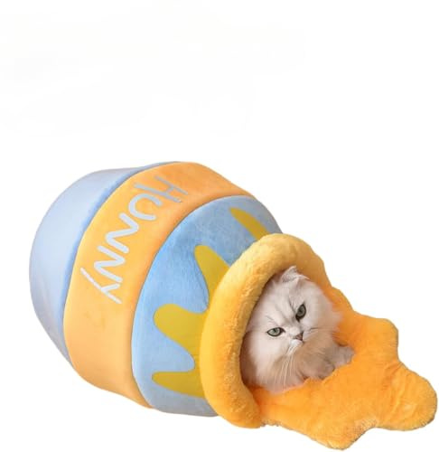 Honey Pot Lit pour chat avec coussin amovible et lavable – Motif dessin animé 3D semi-fermé – En coton PP doux – Maison de couchage pour chatons et petits chiens – Utilisation confortable en intérieur