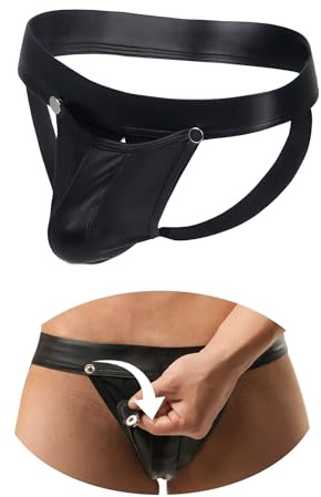 ohyeahlady Tanga Hombre Cuero Talla Grande Mini Slip Talle Bajo Calzoncillos Elasticos Slips Cintura Baja Bañador Tangas de Hilo Negro Thong Mankini Ropa Interior Divertida String Lenceria Curvy S