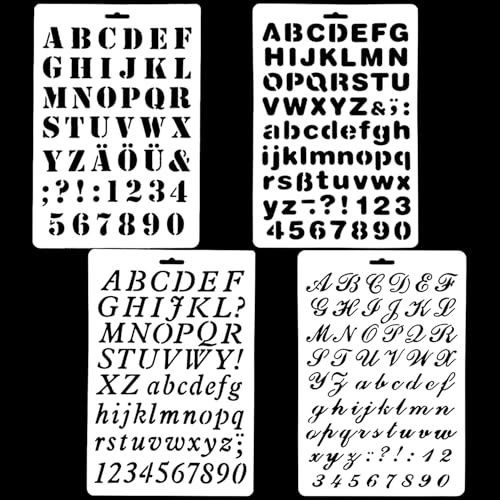 4 Plantillas de Letras, Plantillas de Alfabeto y Números Reutilizables para Manualidades, Pintura, DIY, Scrapbooking y Decoración de Pared