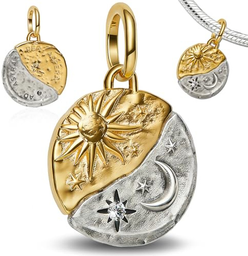 SoundZero Soleil lune collier charms, Médaillon soleil lune Charm, Charms Pandora soleil lune, Pandora amour, Bijou pandora, Pendentif soleil et lune (Design bicolore)
