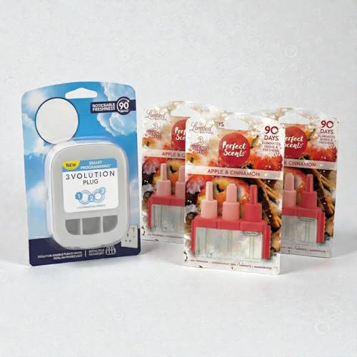 Perfect Scents Plug In Air Freshener Starter Kit – Includes 1 Electric Unit and 3 Refills – APPLE & CINNAMON Scent – Long Lasting Home Fragrance & Odour Eliminator for Living Room & Kitchen