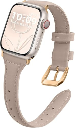 Läderarmband för Apple Watch 42 mm 44 mm 45 mm 46 mm 49 mm für Series 11/10/9/8/7/6/5/4/3/2/1/SE elegant smalt ersättningsarmband för iWatch Ultra 3/2/1 49 mm aprikos