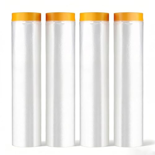 4 Rollen Abdeckfolie mit Klebeband, 240cm x 20m Transparent Abdeckfolie, mit Goldband UV Beständig Malerfolie, Staubdicht Malerplane für Wandanstriche, Schutz von Autolacken, Staubschutz für Möbel