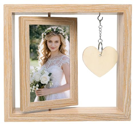 ZY-otu Bilderrahmen Holzrahmen DIY Doppelseitig Drehbar Personalisiert mit Foto · 10x15cm Echtholz mit Herz-Anhänger · Beidseitig nutzbar · Kreatives Geschenk für Mama oder Freundin (Holzmaserung)