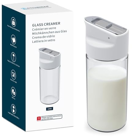 KITCHENDAO Milk Jug with Fresh-Keeping Lock Mechanism, Glass Creamer with Drip-Free Spout, 12 oz Milk Pitcher with Lid, Borosilicate Glass Creamer Container, Dishwasher Safe