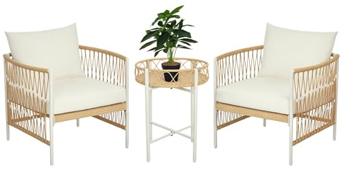 Outsunny Conjunto Jardín Exterior de 3 Piezas, Muebles de Jardín con 2 Sillas, Mesa de Ratán, Cojines Acolchados, Fundas Extraíbles y Marco de Acero, Resistente a la Intemperie, para Balcón, Crema