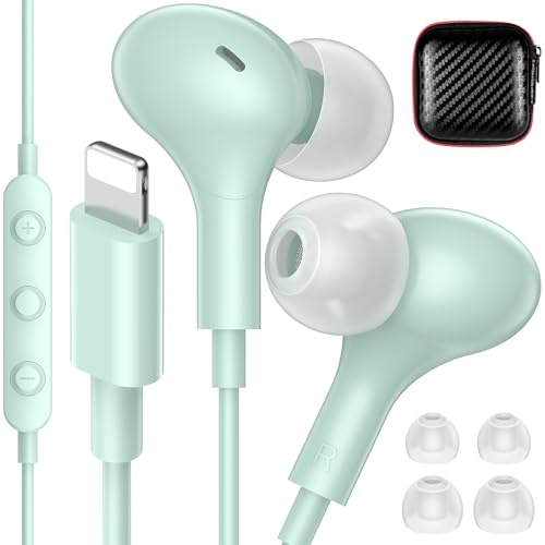 iMangoo Auriculares magnéticos con certificación MFi de Apple para auriculares con cable Lightning con graves HiFi, 3 almohadillas para orejas con micrófono para gimnasio, desplazamientos para iPhone