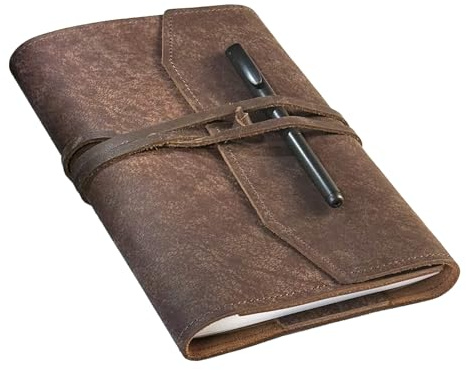 POROMO Påfyllningsbar läderjournal skrift anteckningsbok – lägg platt anteckningsbok, handgjord läderbunden dagbok, resedagbok, kreativ skrivkonst skissbok att skriva i, A5 mörkbrun
