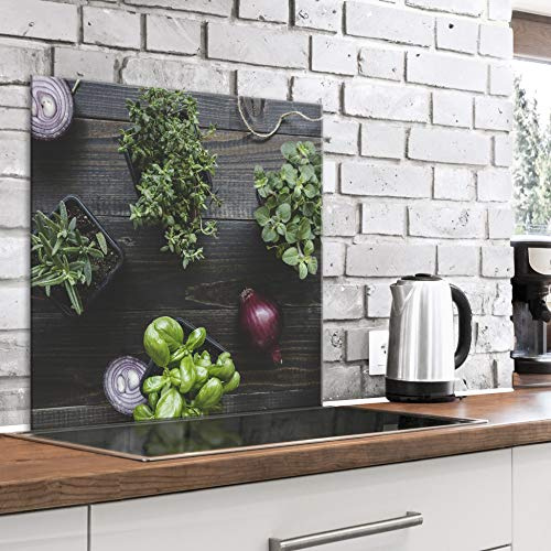 murando Glass Splashback for Kitchen Backsplash Cooker Protector Tempered Glass Decorative Wall Art Panel Heat Resistant Graphic 80x80 cm / 32x32 Herbs Rosemary Basil Onion Wood j-B-0062-aq-a