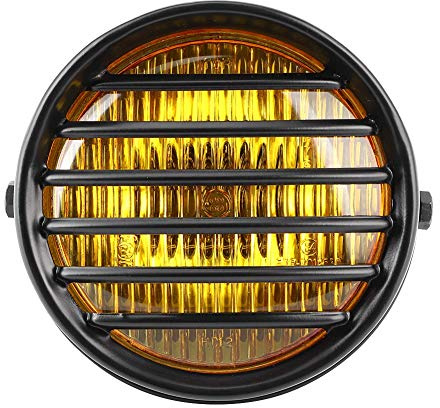 Qiilu 6 Round LED Motorcycle Headlight Grill Head Lamp Lens Cover 35W Halogen Bulb Universal Motorbike Headlamp Vintage for Cafe Racer Cruiser (Yellow Glass)