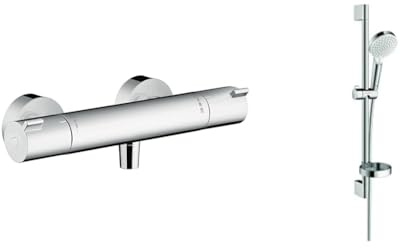 hansgrohe Ecostat Mitigeur Thermostatique 1001 CL douche, chromé, 13211000 & Crometta Set de douche Vario avec barre Unica'Croma 65 cm et porte-savon, blanc/chromé, 26553400