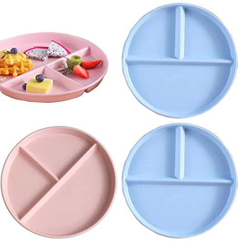 Maloftars Geteilte Teller Speiseteller Snackteller mit Fächern 4 Stück Salatteller 3 Schnitt Geschirr Plate MenüTeller Set Vorspeise Serviertablett 22cm wiederverwendbar Blau und Rosa