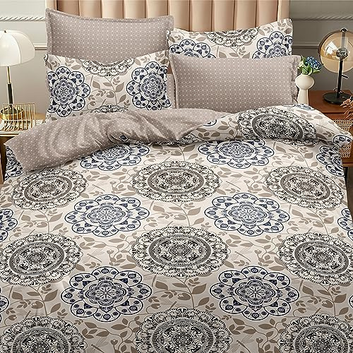 Etrexonline Juego de Funda Nórdica 4 Piezas Cama 135 Microfibra Suave Transpirable - 1 Funda Edredón 220x220 cm, 1 Bajera 135x200+28 cm y 2 Fundas de Almohada 50x75 cm (Color Mandala)