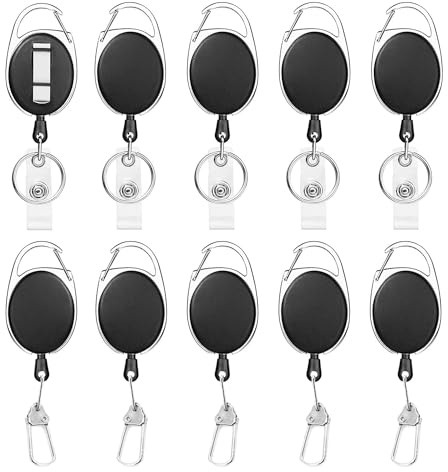 SYEYCW 10 Piezas Negro Llavero Retráctil de Cordón, 2 Modelos de Porta Tarjetas de Llavero, Llavero Retráctil con Clip de Mosquetón, Cordón de Nylon Extensible, para Tarjeta de Identificación, Llaves