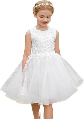 PLWEDDING Abito da ragazza floreale senza maniche in pizzo top in tulle gonna ragazza compleanno matrimonio festa prima comunione abiti, bianco, 12-13 Anni