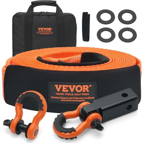 VEVOR Kit di Recupero Cinghia da Traino in Poliestere Resistente, Fune per Verricello da 76,2 mm x 9,1 m, 16329 kg, Tripla Fibbia Rinforzata, Cinghia a Strappo, Ricevitore con Gancio a Grillo 50 mm