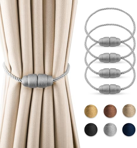 Dalababa Magnetische Vorhang Raffhalter, 4 Stück Vorhanghalter Seil Gardinenhalter, Raffhalter für Vorhänge Vorhangschnalle für Home Büro Gardinen Deko - Grau