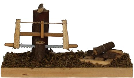 ZICOM Krippenzubehör Hackstock mit Säge 12x4,5x6cm Holz, Metall – Authentisches Miniatur-Werkzeug für Krippen