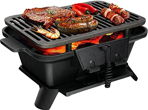 Tragbarer voreingebrannter Holzkohlegrill mit doppelseitigem Grillgitter - Gusseisen-Grillrost für Indoor Outdoor Camping, Picknick Party