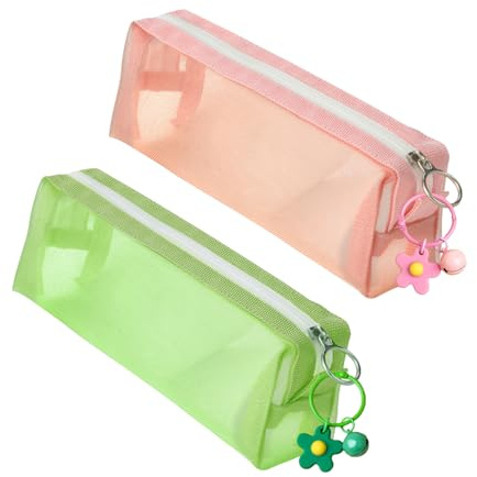BIFHIG 2 Sacs À Stylo Et 2 Clés, Sac De Rangement en Maille Transparent, Boucles De Fleurs Mignonnes, Fournitures De Papeterie.