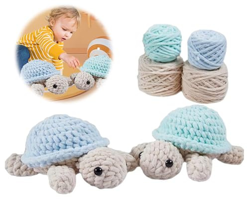XEERUN Häkelset für Anfänger, 2 Stück Schildkröte Strickset, Starter Kit Häkeln, Häckeln Stricken für Anfänger Set mit Video Anleitung Häkelnadel Garn DIY Häkel Zubehör Bastelset