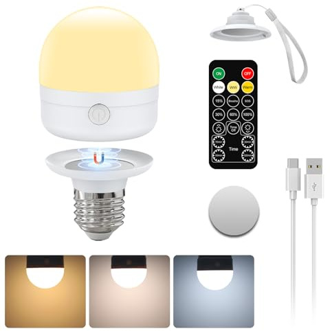 USB-C Bombilla Recargable Con Mando a Distancia, E27 Bombillas LED 7W, CCT Bombilla Recargable Regulable Con Temporizador Y Batería,2000mAh Luz De Emergencia Al Aire Libre Con Magnético, Pack de 1