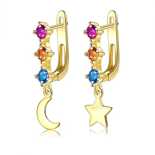 Tolldek Orecchini da donna in oro 18 K, con ametista, topazio, citrino, stella lunare, orecchini pendenti in stile Liberty