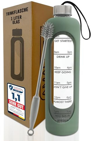 Amalindo Botella de vidrio 1L – apta para gaseosas – con cepillo y funda de silicona – Verde oliva