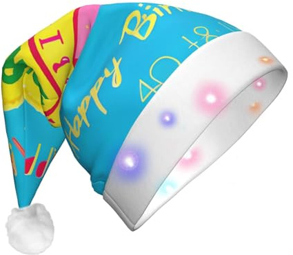Zaixiansj Cappello di Natale con stampa a palloncino di buon compleanno, cappello di Babbo Natale in peluche a LED per adulti, berretto incandescente per feste